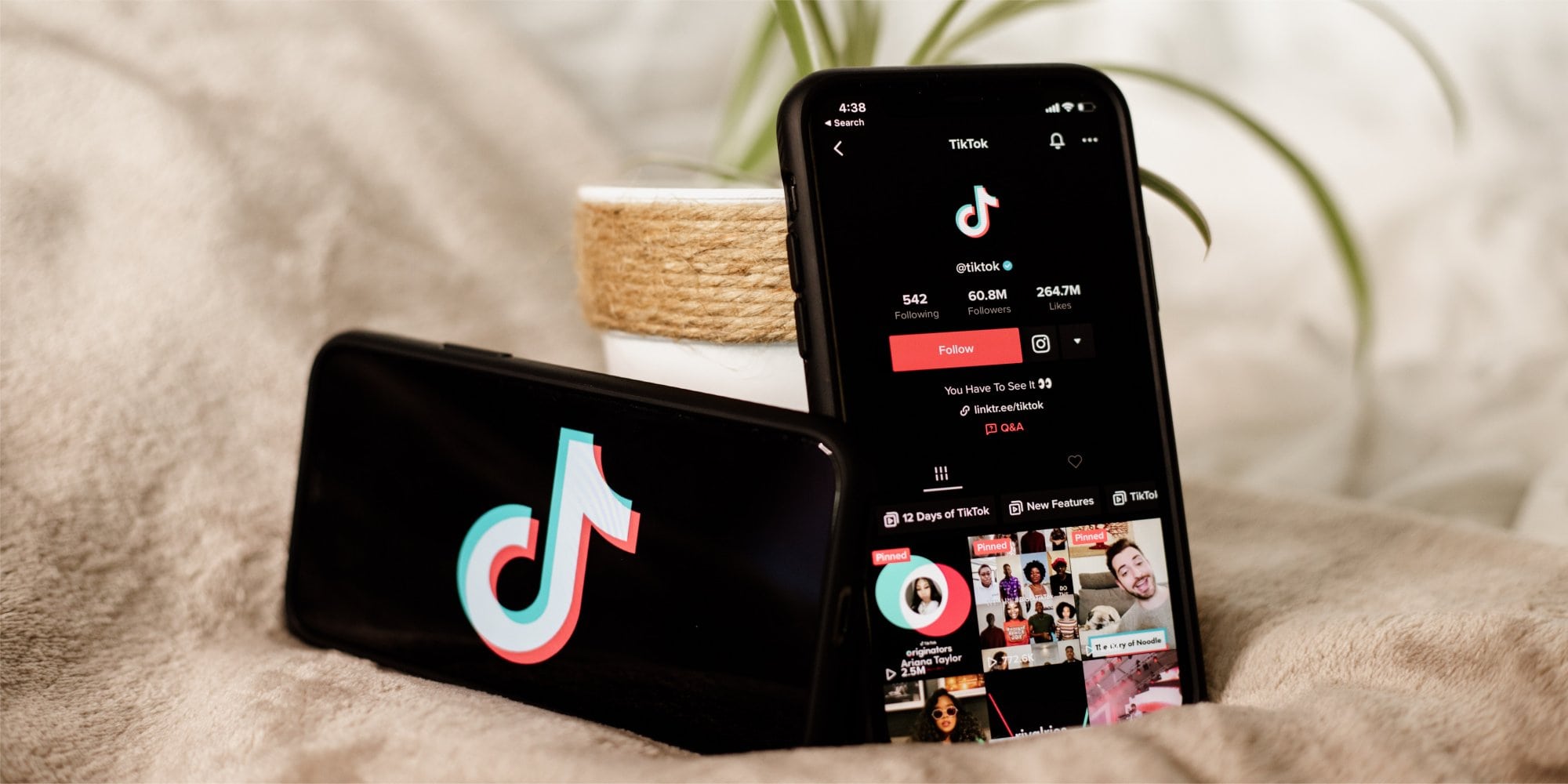  Two phones showing the TikTok app with a variety of videos playing on one and the other showing the 'Following' page.